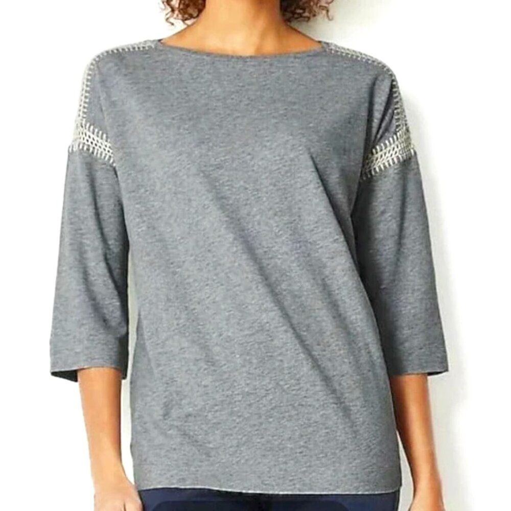 J. Jill | Cotton Grey w/ Cream Crochet Detail ¾ Sleeve Tee Boho Western | 1X